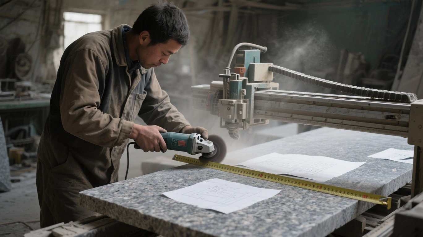 Worker cutting stone manually with handheld tools and paper templates in a traditional workshop