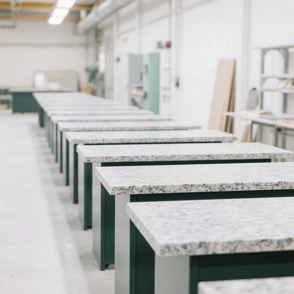Row of identical polished granite kitchen countertops lined up in a clean workshop