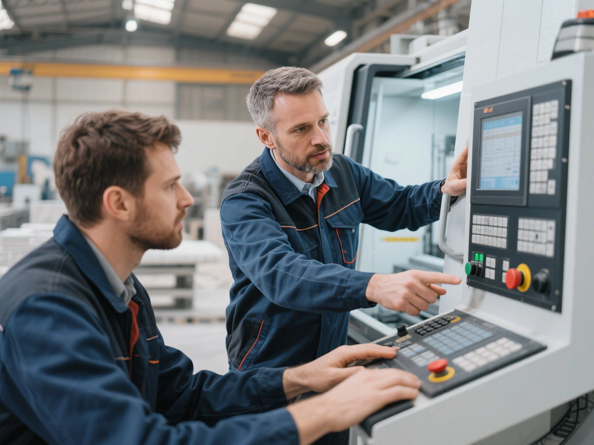 Instructor training an operator at a CNC stone fabrication machine control panel