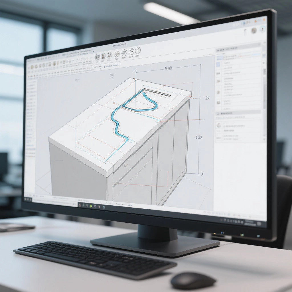CAD software showing a digital kitchen countertop design with dimension lines and cutting paths