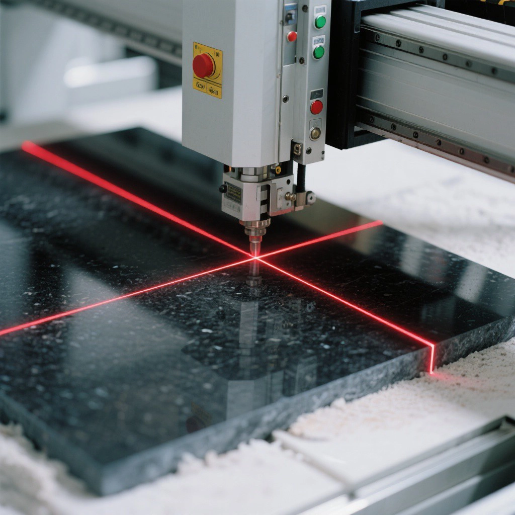 Red laser alignment crosshairs projected onto a polished granite slab on a CNC bridge saw table