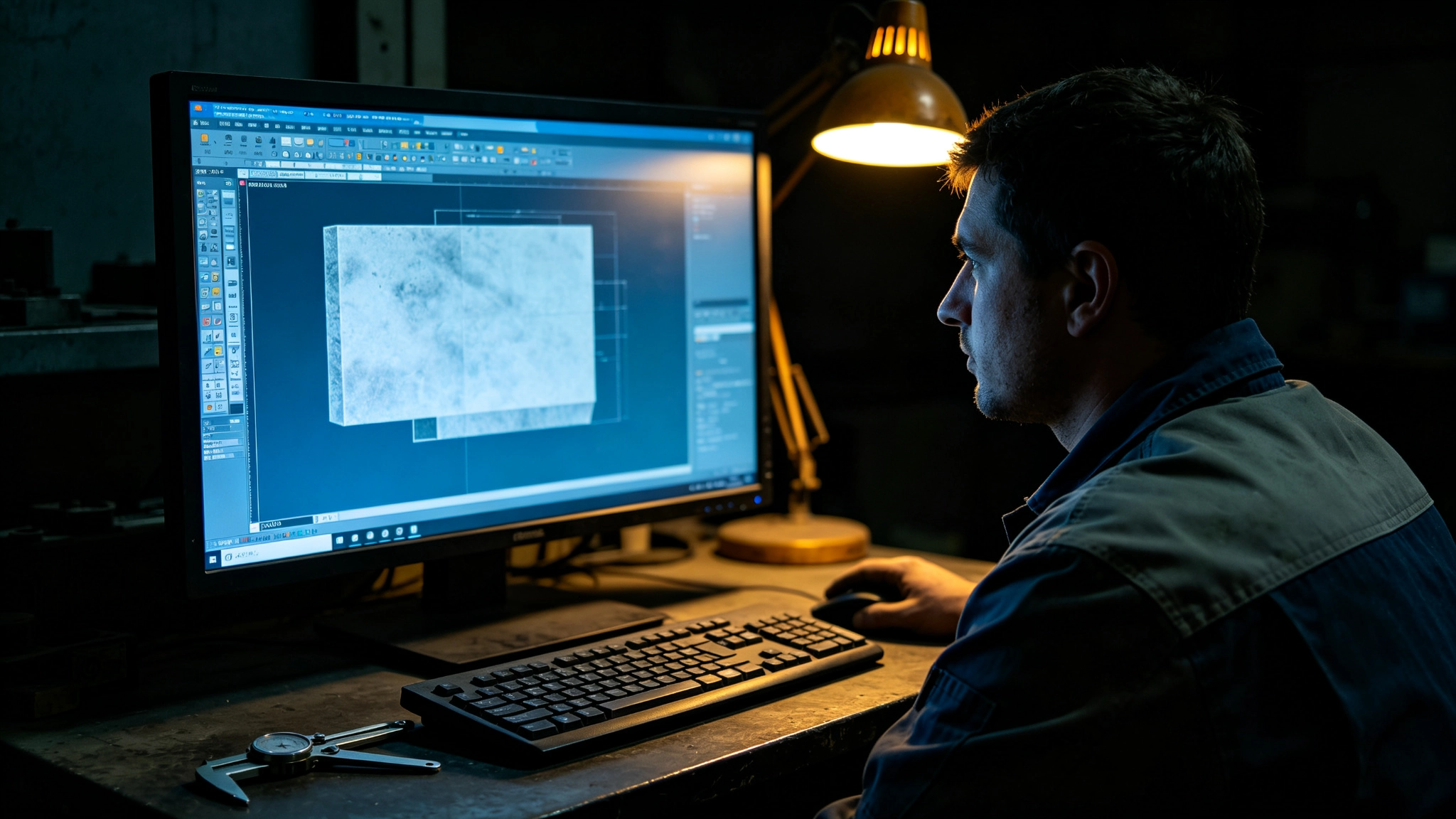 Fabricator preparing a CNC cutting program in CAD software, with a caliper resting on the desk beside a warm desk lamp
