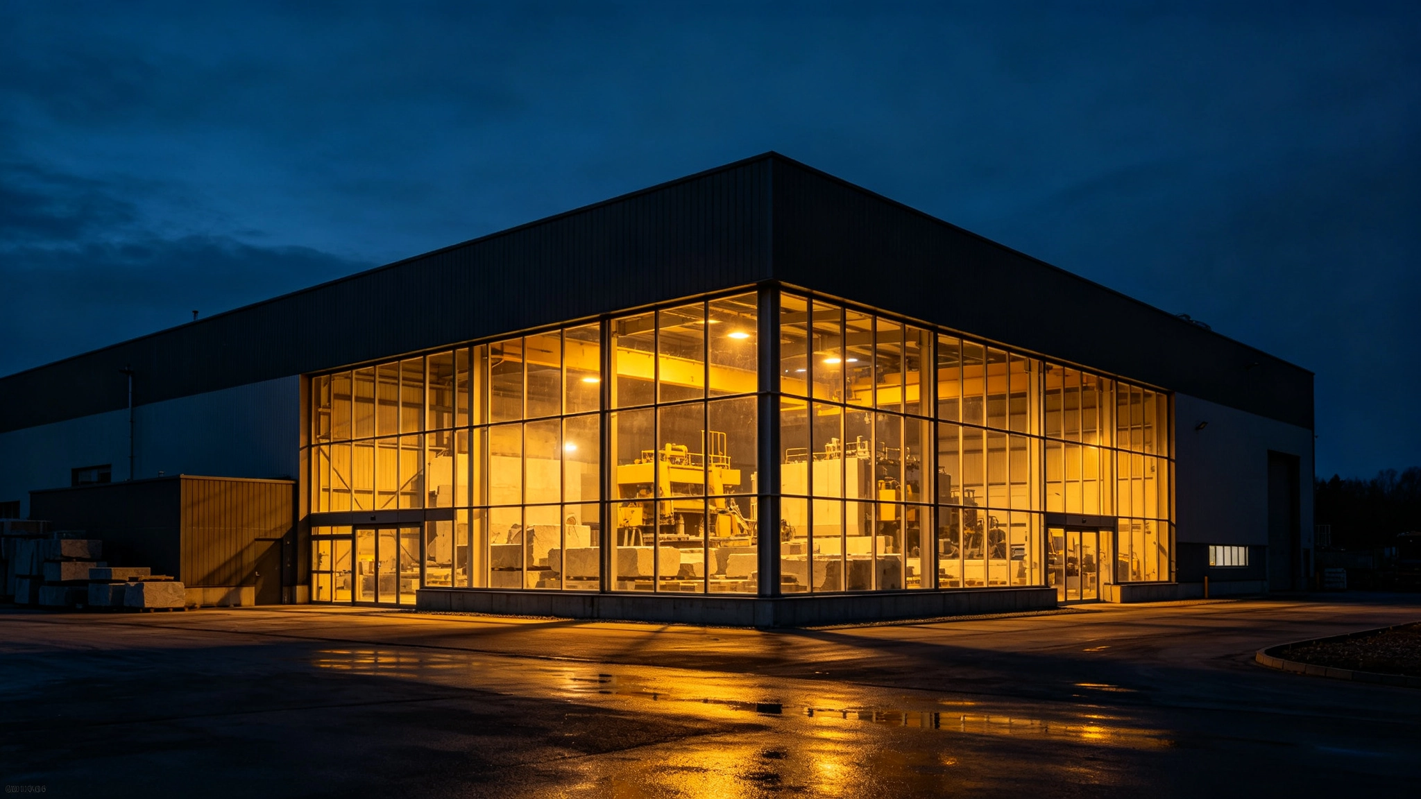 Modern stone fabrication factory at night