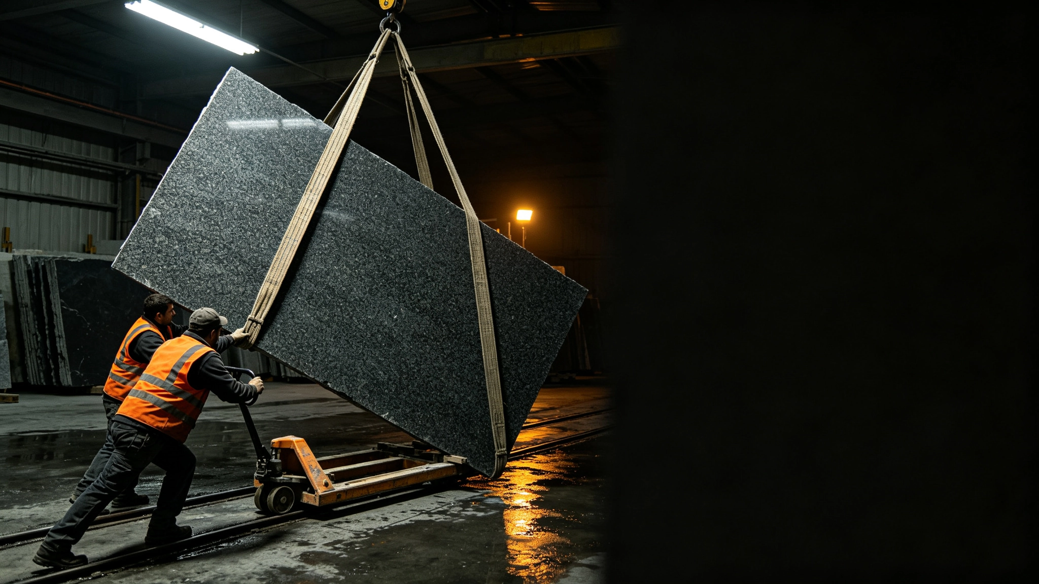 Two workers in orange safety vests guiding a large granite slab suspended by crane straps onto a pallet jack inside a stone fabrication warehouse
