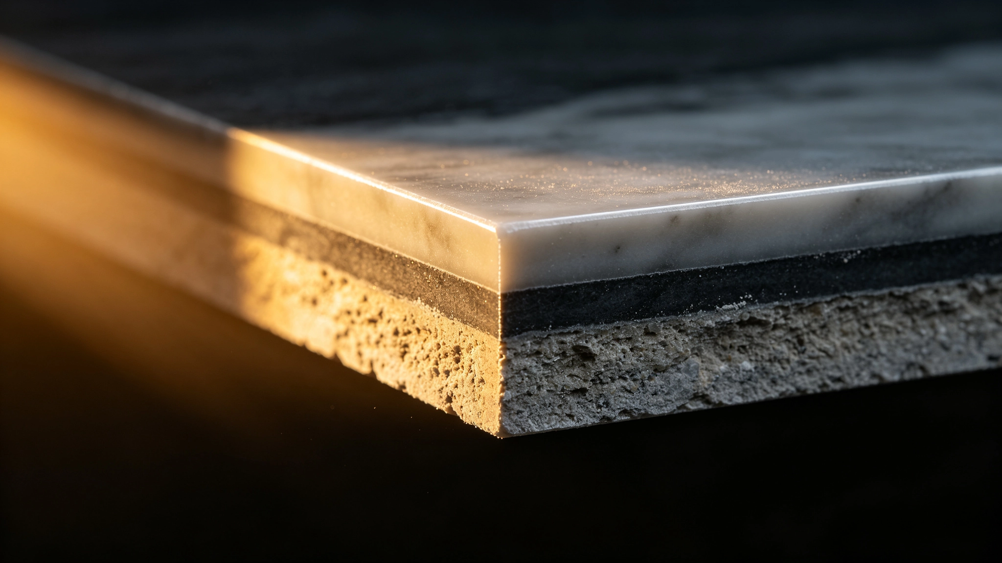 Macro cross-section of a layered stone composite panel showing a polished veined surface, bonding layers and a concrete substrate